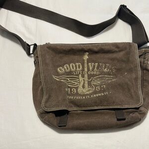 Life Is Good Dark Brown Crossbody Bag with Guitar Design